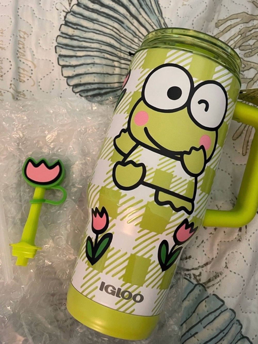 Keroppi Green and Pink Insulated Travel Mug with Tulip Straw Top